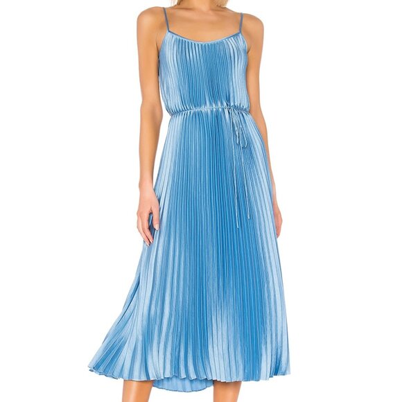 Vince sleeveless satin accordion pleated dress L spaghetti straps, waist tie - Picture 1 of 10